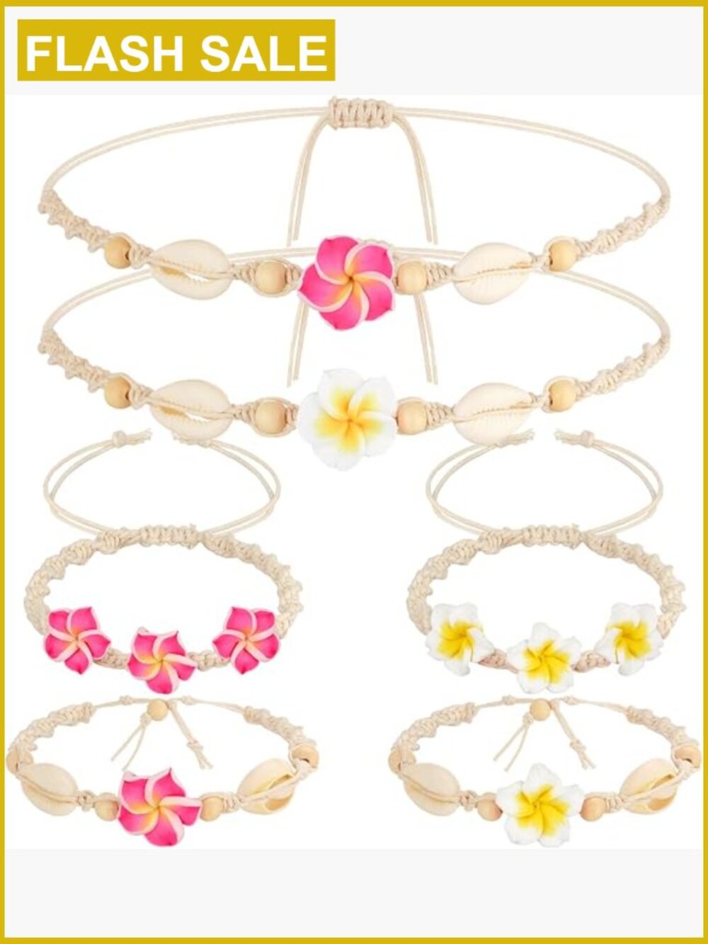 6 Pack Hawaiian Plumeria Flower Bracelets Adjustable Beach Anklet Set for Women